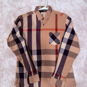 Burberry Beige and Black Plaid Button Down Shirt